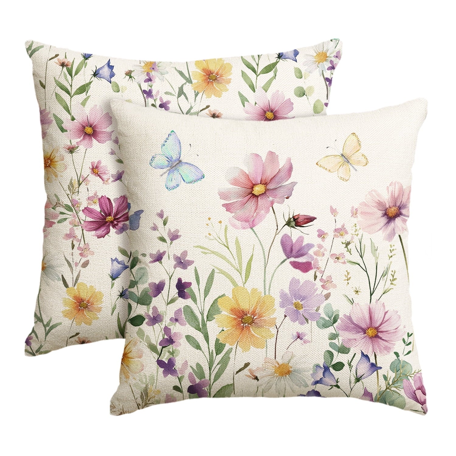 Sm:)e Tulips Daisy Dragonfly Butterflies Floral Spring Throw Pillow Covers Set of 2,18x18 Inch