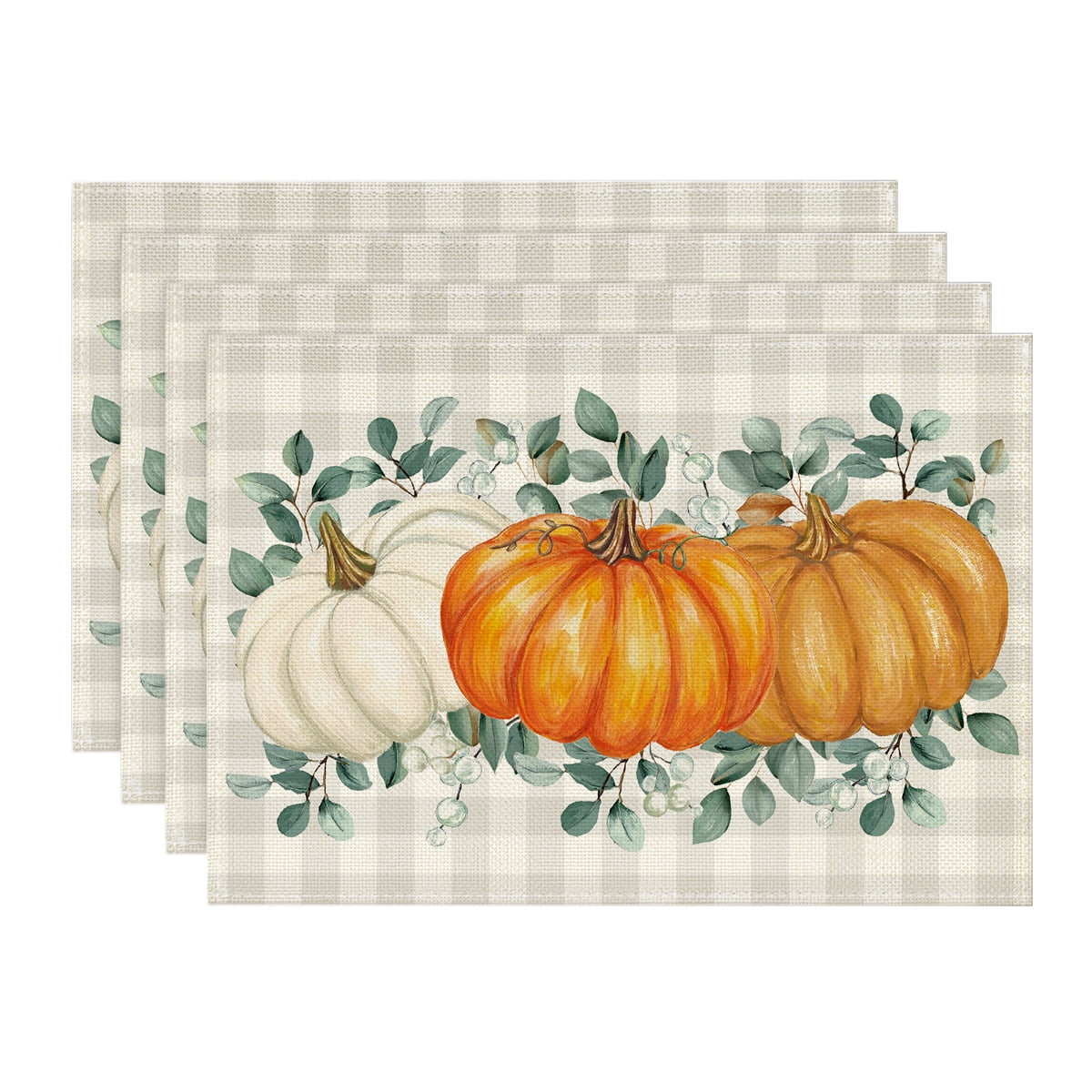 Smile Orange Pumpkins Eucalyptus Leaves Fall Thanksgiving Table Placemat 4 Set 12 x 18