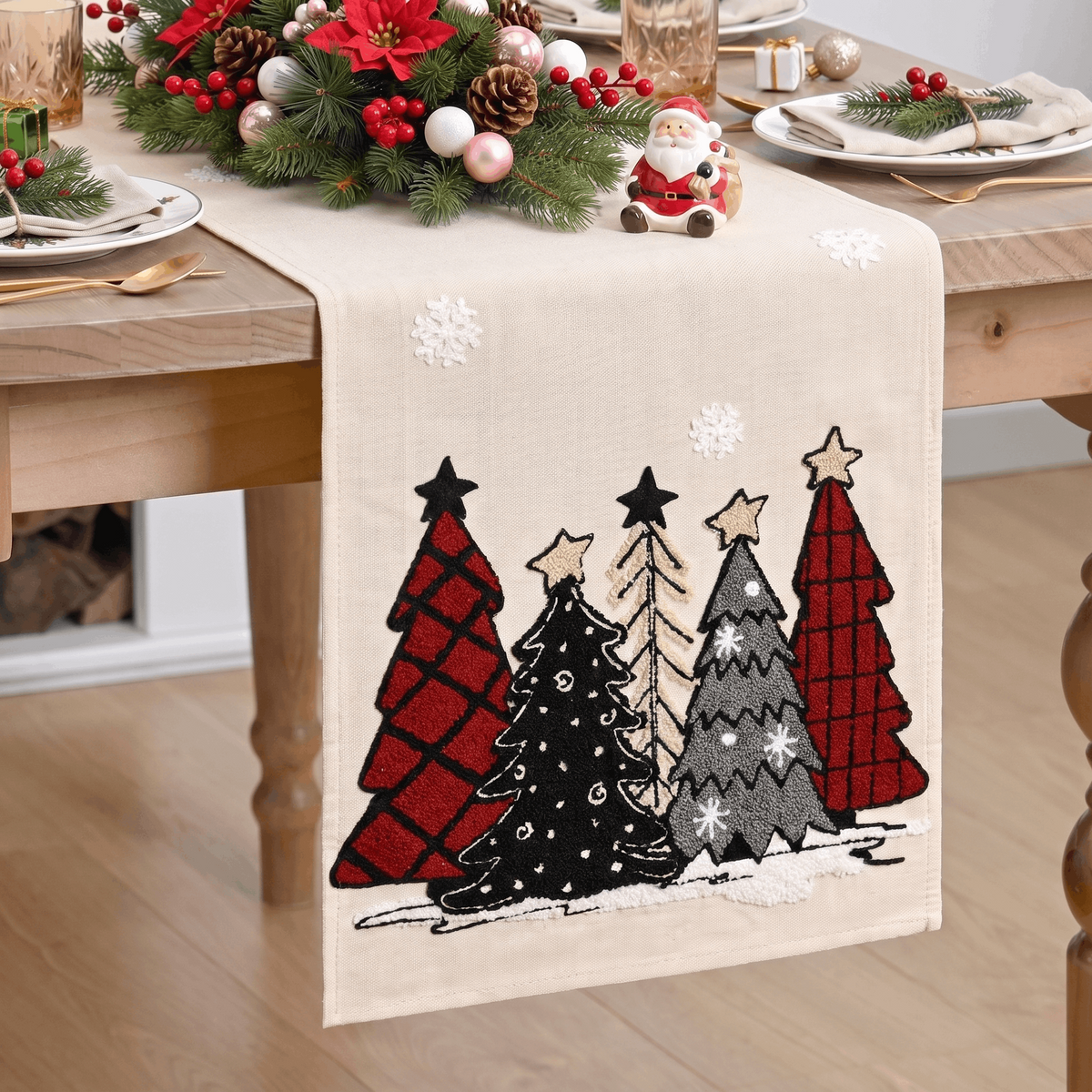 Sm:)e Red and Black Plaid Christmas Tree Pattern Soft Chain Embroidery Christmas Table Runner, 13x72 Inch, Seasonal Winter Christmas Kitchen Dining for Holiday Party Decor
