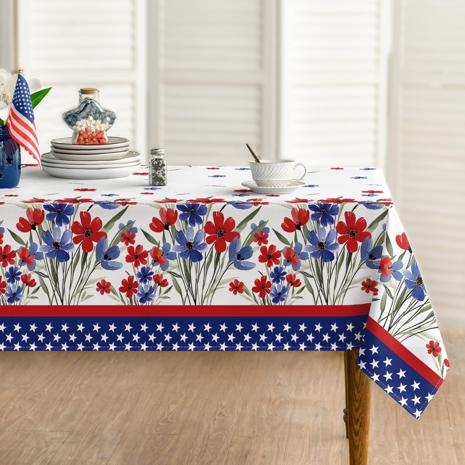 Sm:)e 4th of July Tablecloth 60 x 60 Inch Square, Patriotic Watercolor Poppy Flowers Independence Day Memorial Day Table Cover Polyester