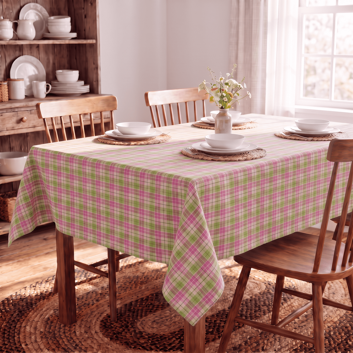 Sm:)e Purple Green Royal Stewart Tartan Plaid Tablecloth, Rectangle 55 x 84 Inch, Machine Washable Classic Check Table Cover for Dinner/Party Decoration/Holiday
