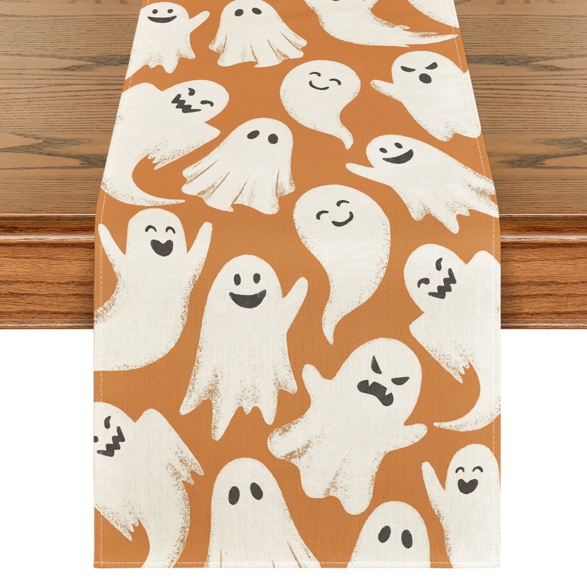 Sm:)e White Ghost Halloween Table Runner, Seasonal Fall Kitchen Dining Table Decoration for Home Party Decor 13x72 Inch, Orange