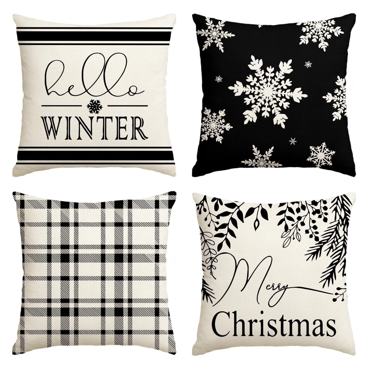 Sm:)e Hello Winter Merry Christmas Pillow Covers 18 x 18 Set of 4 Square Xmas Decorative Farmhouse Outdoor Pillow Case