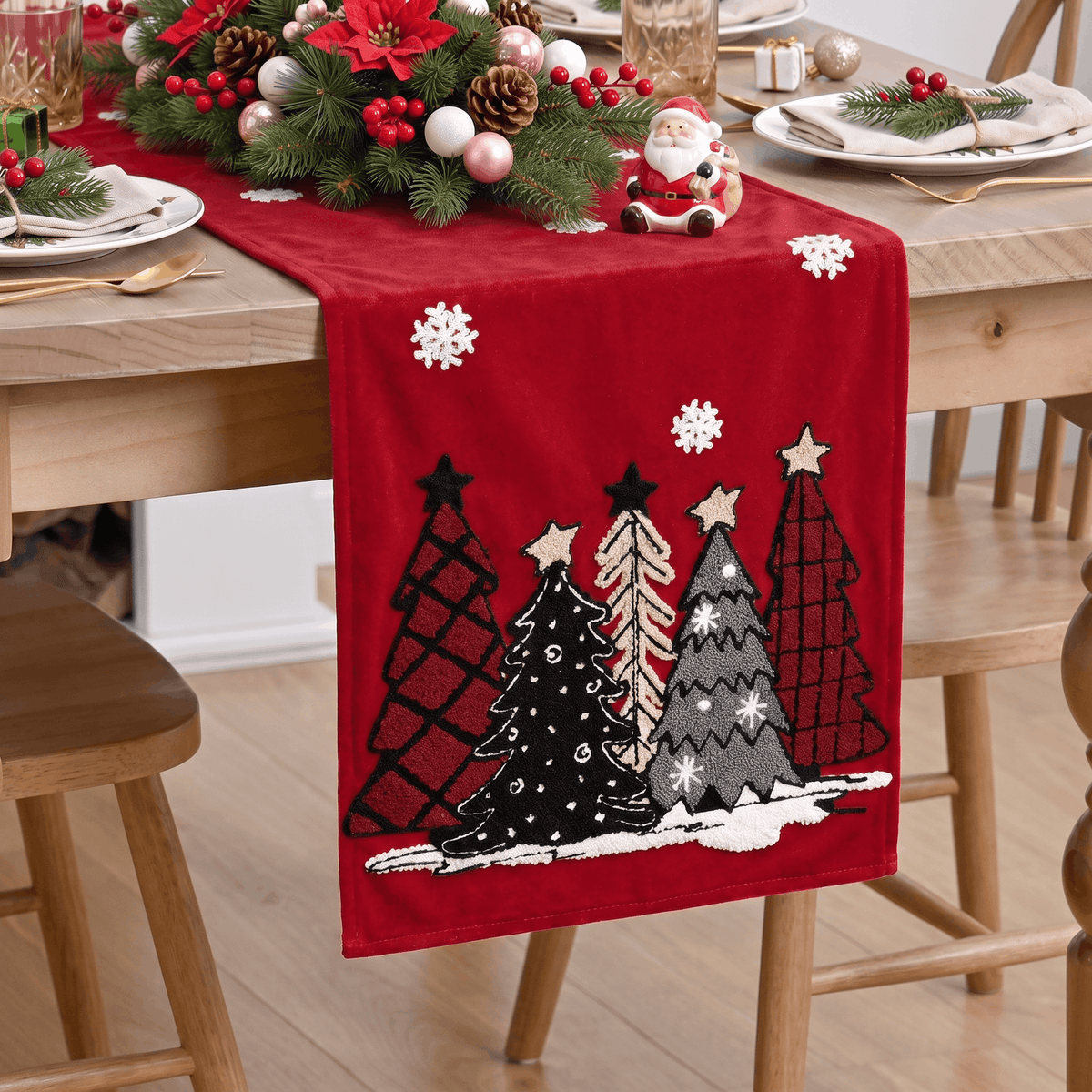 Sm:)e Red and Black Plaid Christmas Tree Pattern Soft Chain Embroidery Christmas Table Runner, 13x72Inch, Seasonal Winter Christmas Kitchen Dining for Holiday Party Decor, Red