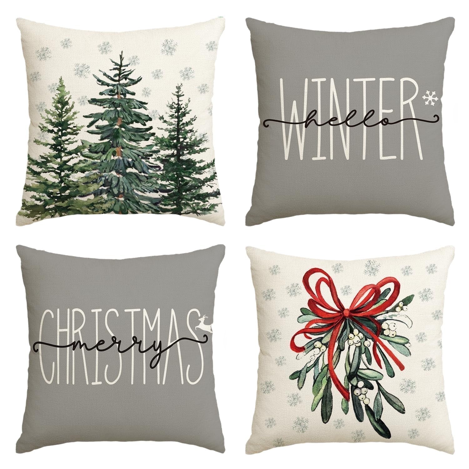 Sm:)e Hello Winter Christmas Tree Pillow Covers 18 x 18 Set of 4, Square Xmas Decorative Farmhouse Outdoor Sofa Case