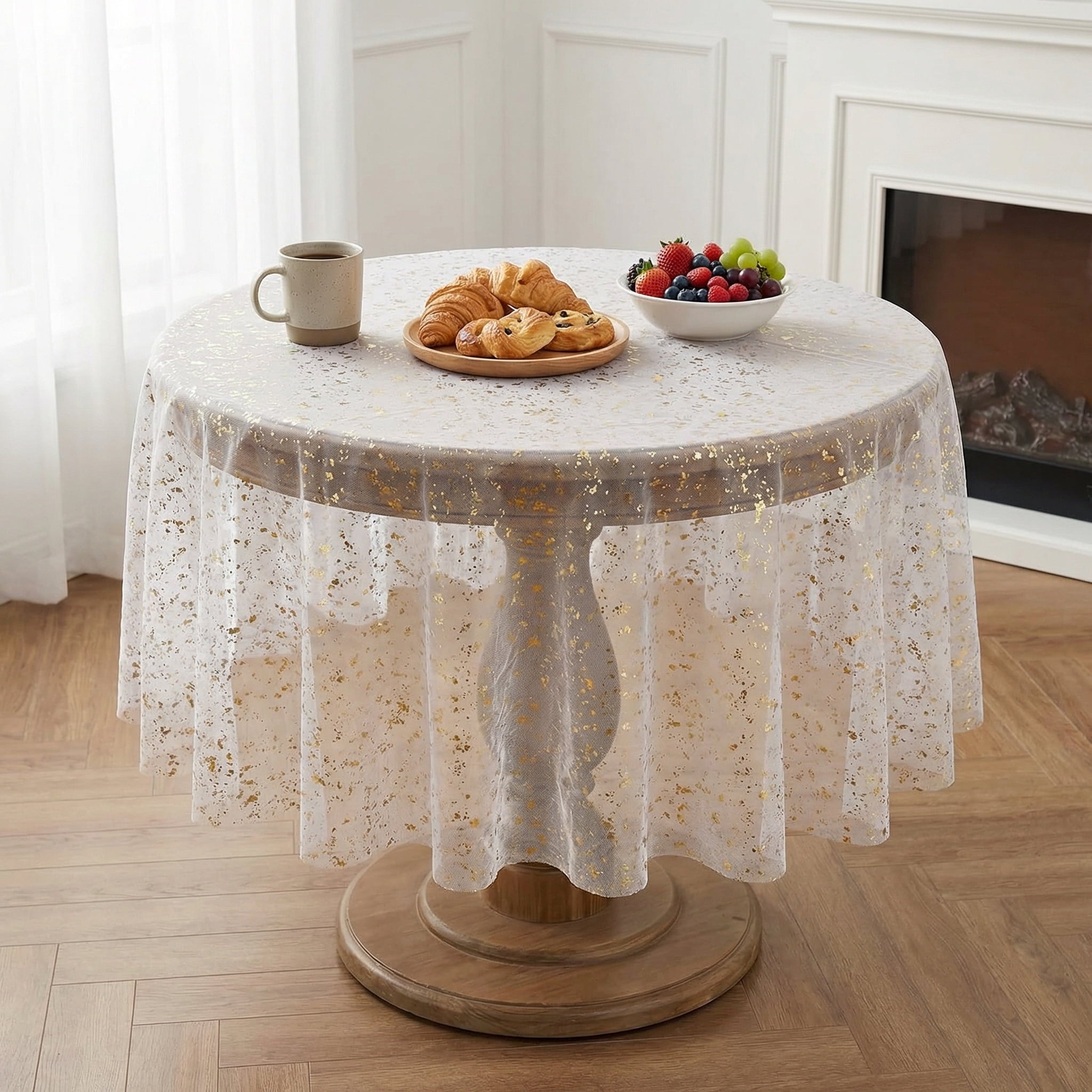 Sm:)e Silk Gold Foil Gauze Tablecloth Beige Round 60 Inch - Glitter Metallic Sheer Table Cover for Dining, Wedding, Party, and Events - Durable & Stylish Home Decor