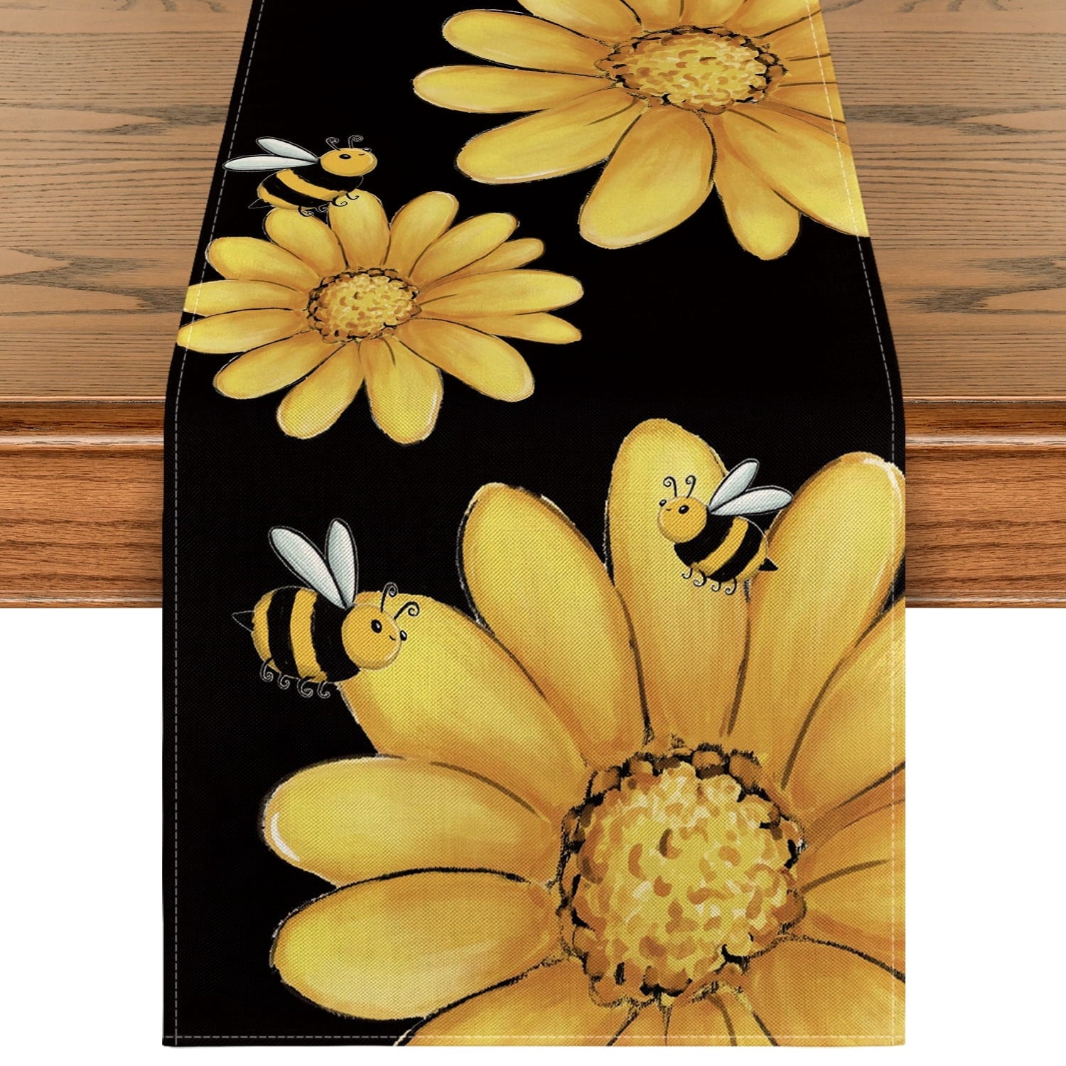 Smile Bee Sunflower Table Runner for Spring Summer 13 x 90, Black