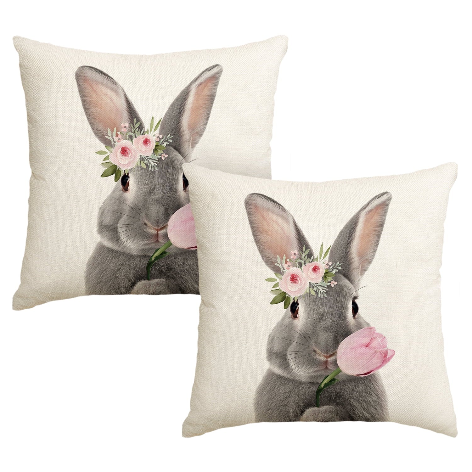 Sm:)e Bunny Rabbit Easter Tulips Throw Pillow Covers Set of 2, 18x18 Inch Outdoor Cushion Case for Sofa Couch