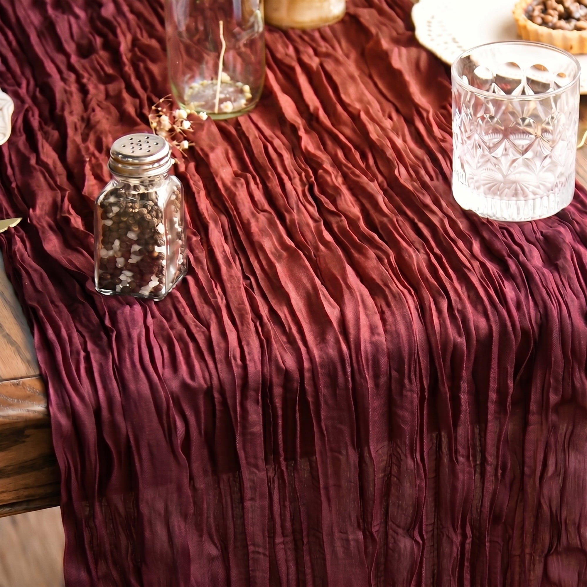 Sm:)e Boho Burgundy Gauze Cheesecloth Table Runner 35x120 Inch, Multi-Purpose Decor for Kitchen Dining Wedding Holiday Party