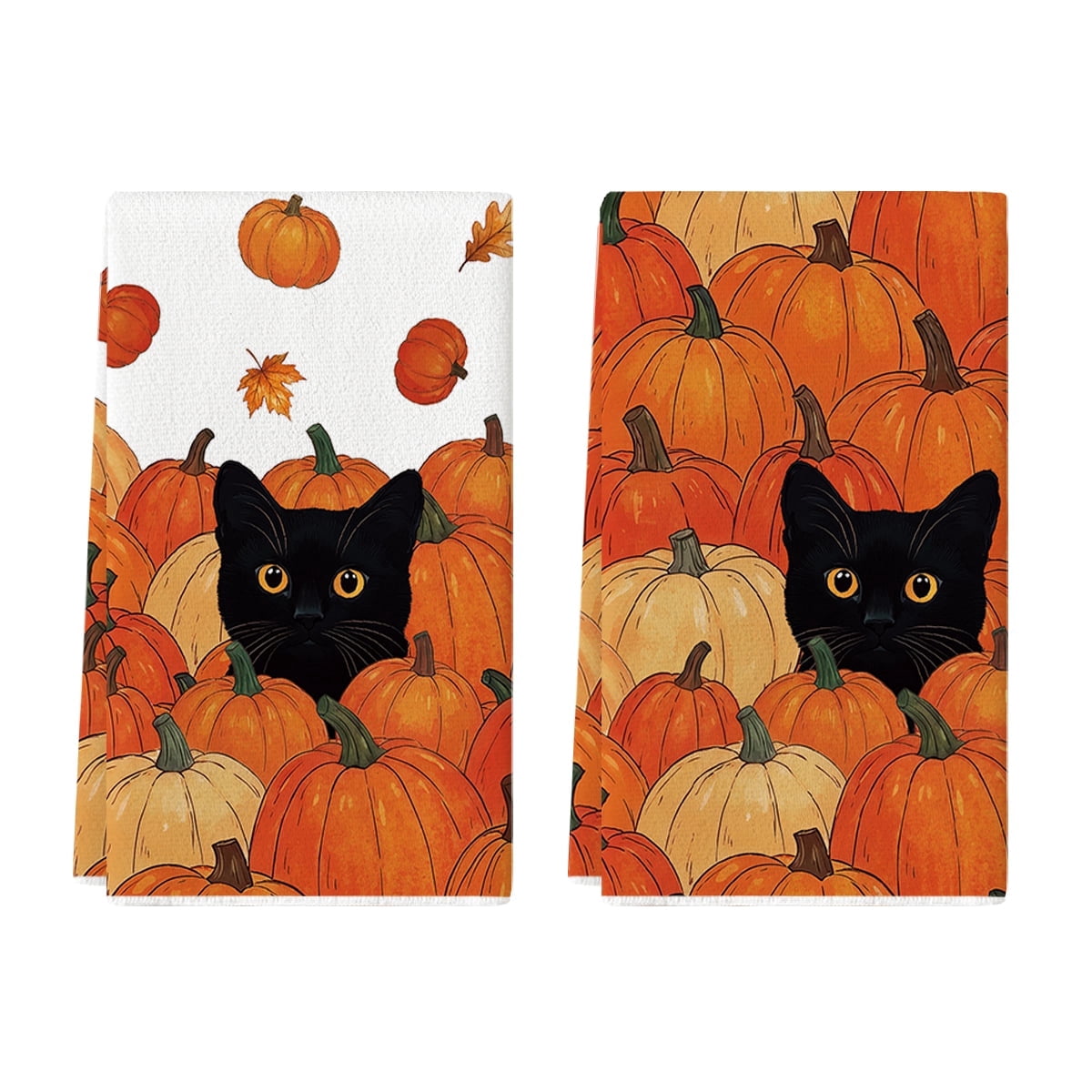 Sm:)e Black Cat Pumpkin Halloween Fall Dish Towels Set of 2, Soft & Absorbent Washcloth 18x26 Inch