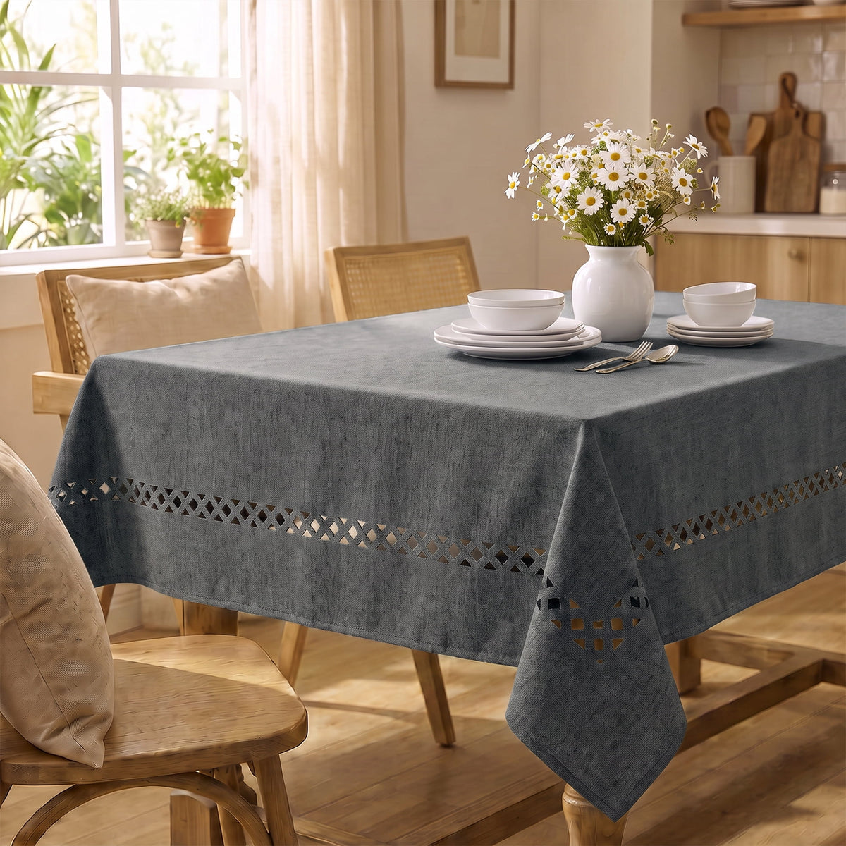 Sm:)e Fabric Openwork Farmhouse Style Linen Tablecloth 60 x 104 Inch Rectangle, Machine Washable Classic Table Cover for Dinner/Party Decoration/Holiday, Dark Gray
