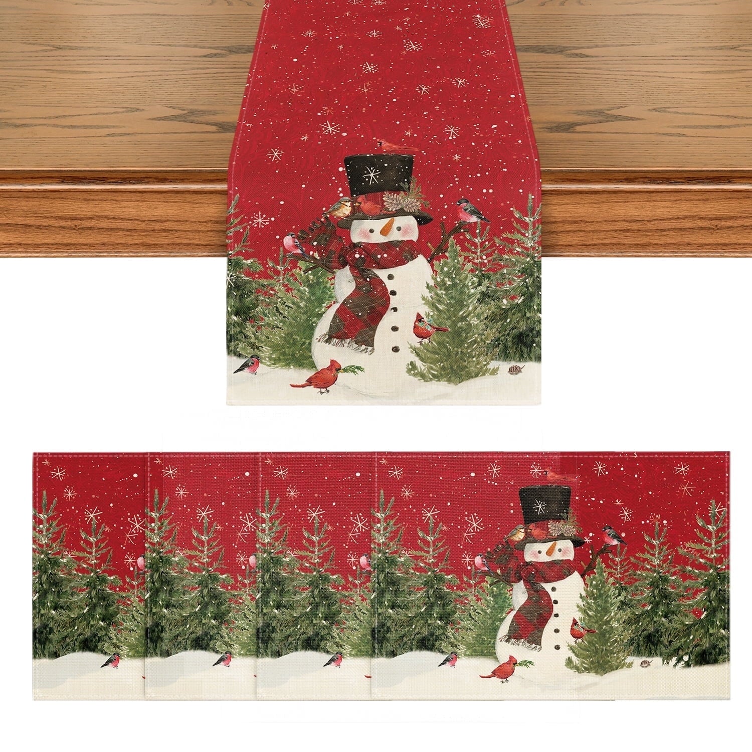 Smile Snowman Christmas Table Runner and Placemats, 13 x 72 Inch, 12 x 18 Inch, Red