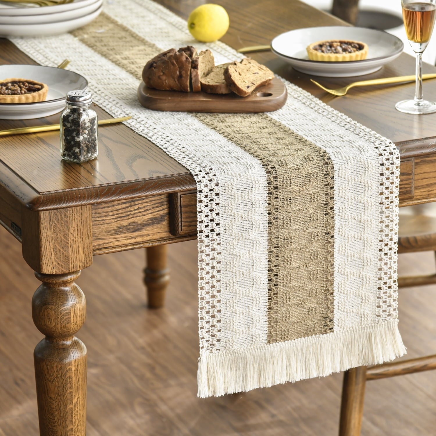 Sm:)e Boho Macrame Table Runners 13 x 108 Inch, Cream & Brown Farmhouse Table Runner with Tassels for Rustic Wedding Party Dining Decor