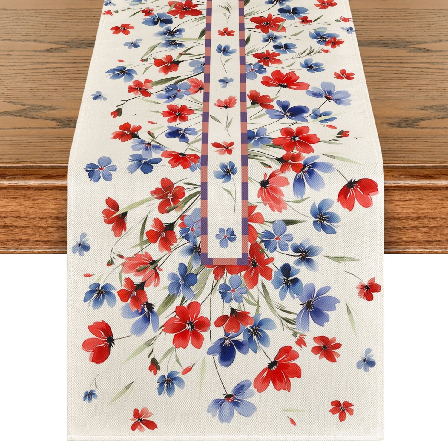 Sm:)e Watercolor Floral Poppy Eucalyptus Summer and 4th of July Table Runner 13 x 72 Inch,Seasonal Summer Washable Kitchen Dining