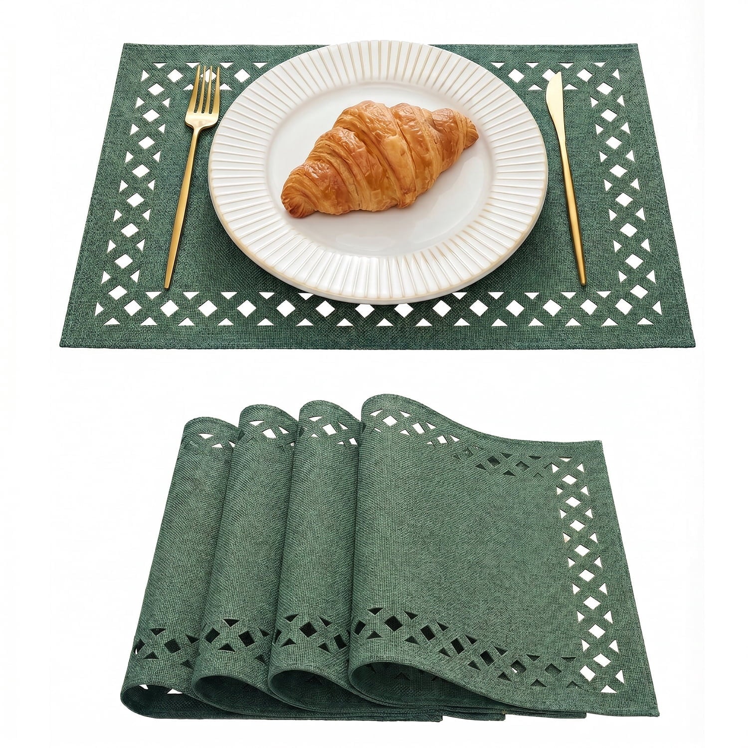 Sm:)e Hollow Out Laser Cut Forest Green Placemats Set of 4, Seasonal Summer Washable Kitchen Dining Table Decoration for Home Party Decor 12x18 Inch