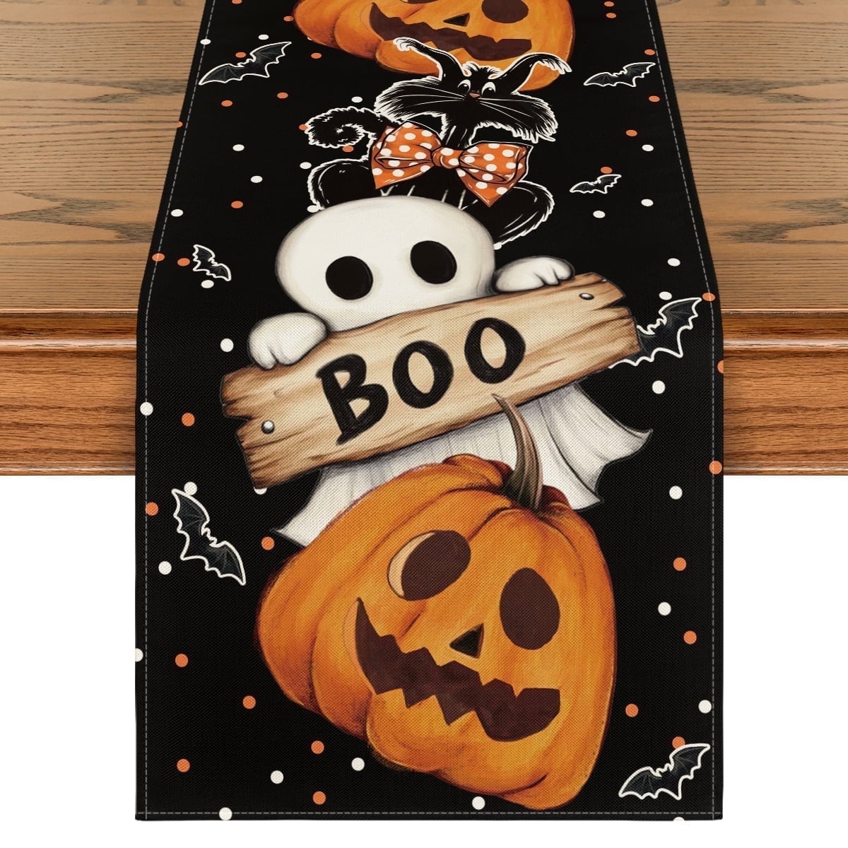 Smile Jack O Lantern Black Cat Boo Ghost Halloween Table Runner 13 x 72 Inch