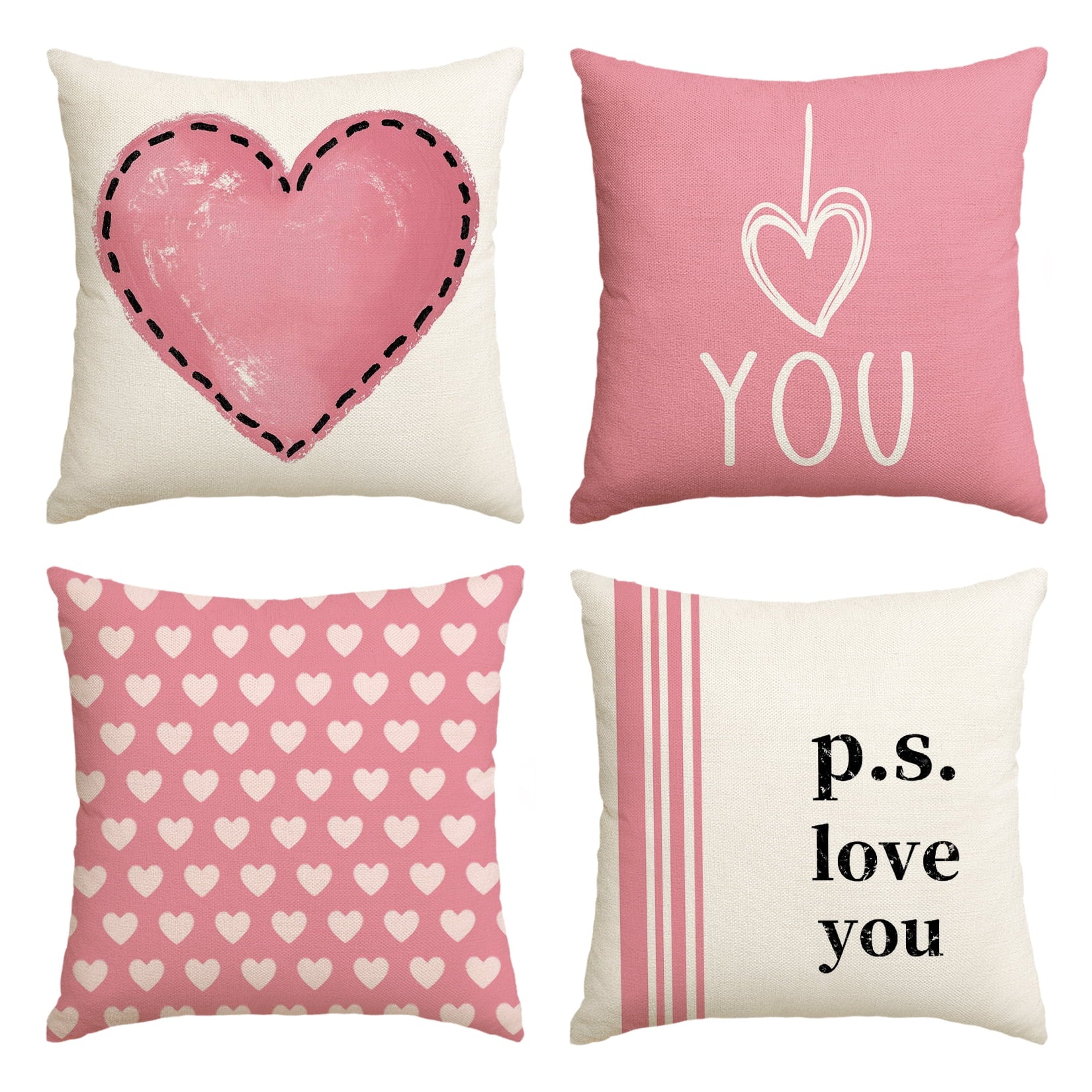 Sm:)e Valentine's Day I Love You Throw Pillow Covers Pink, 18 x 18 Inch Heart Stripes Cushion Case Decoration for Sofa Couch Set of 4