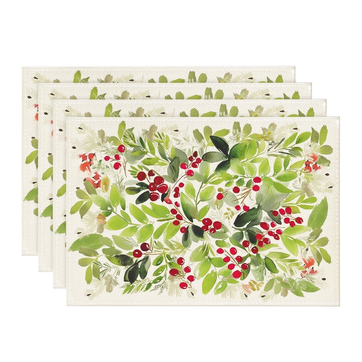 Smile Watercolor Holly Christmas Winter Placemats Set of 4, 12 x 18 Inch