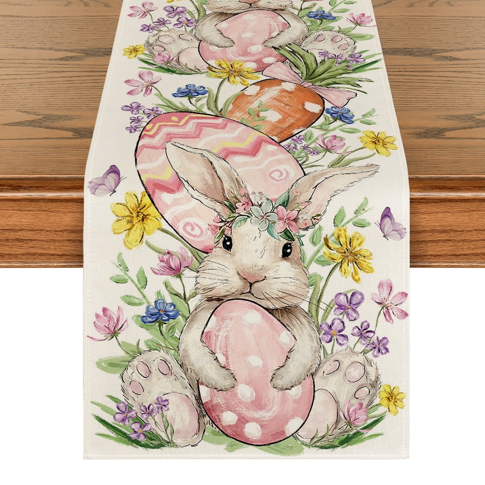 Sm:)e Bunny Eggs Carrot Flower Easter Table Runner 13x72 Inch