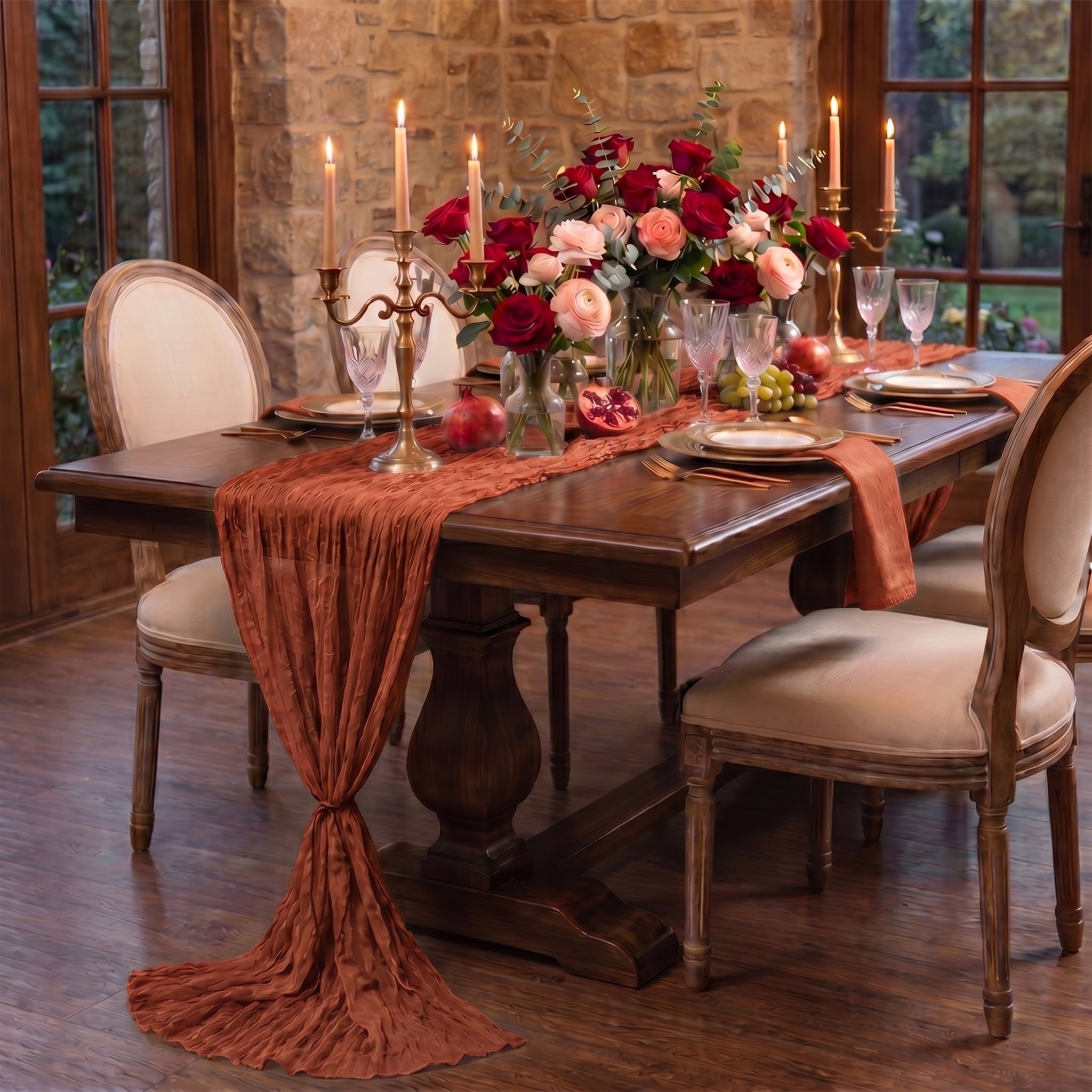 Sm:)e Boho Terracotta Gauze Cheesecloth Table Runner 35x120 Inch, Multi-Purpose Decor for Kitchen Dining Wedding Holiday Party