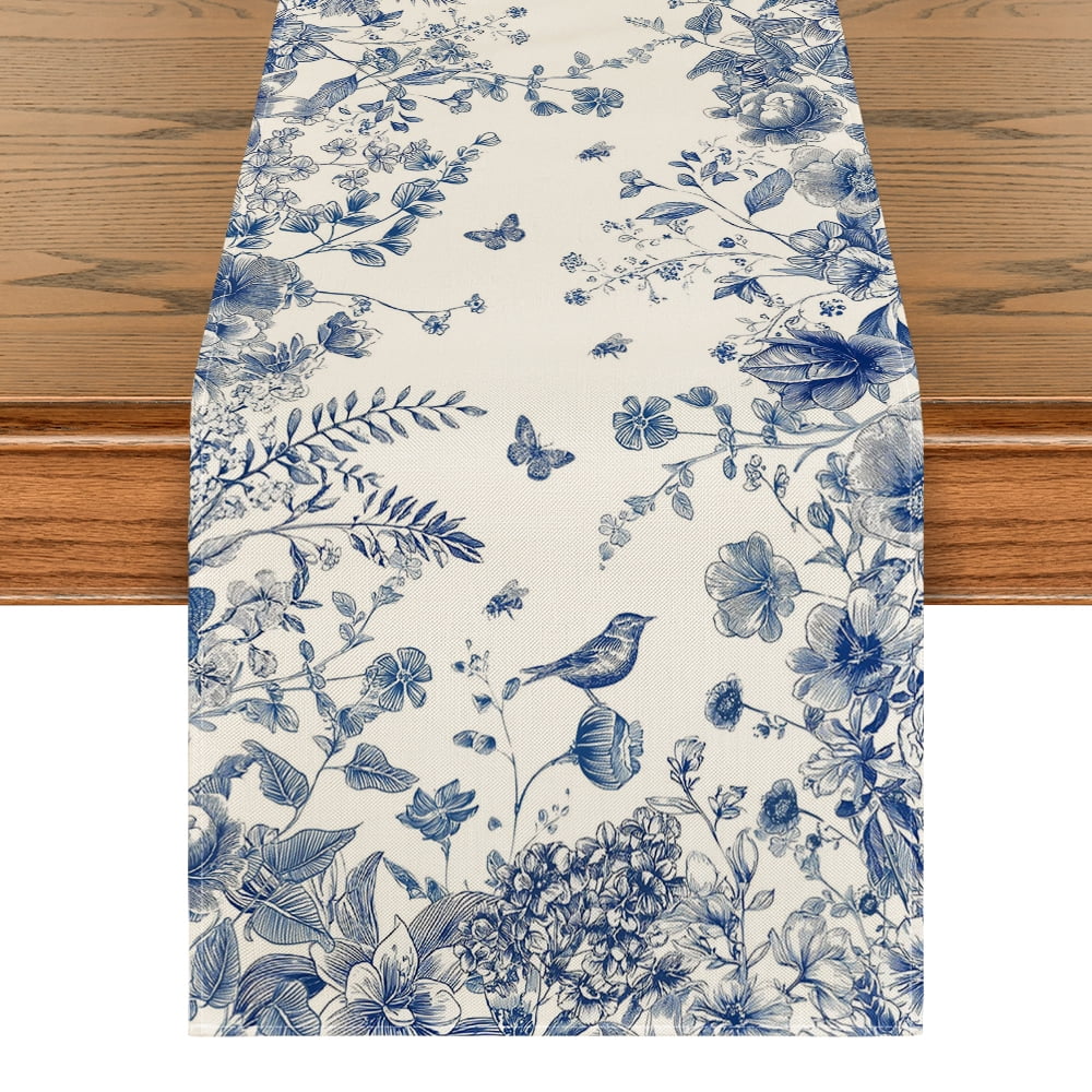 Sm:)e Monochrome Sketch Birds Flowers Spring Table Runner 13x48 Inch