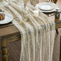 Sm:)e 6Pcs Beige Gold Silk Screen Stamping Gauze Table Runner 120 Inch 10FT, Glitter Metallic Foil Sheer Chiffon Table Decor for Wedding Anniversary Birthday Outdoor Home Party Table