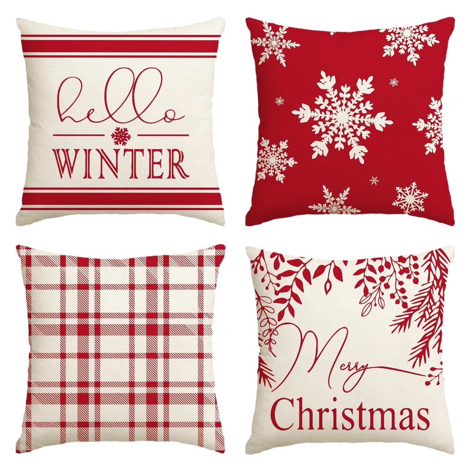 Sm:)e Merry Christmas Hello Winter Buffalo Plaid Snowflake Red Throw Pillow Cover, 18 x 18 Inch Winter Holiday Cushion Case Decoration for Sofa Couch Set of 4