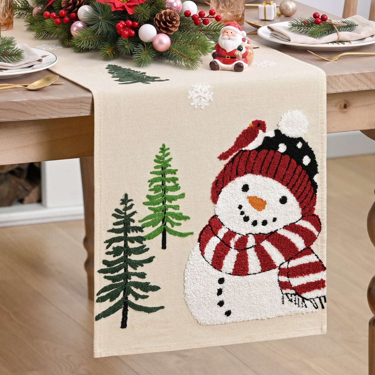 Sm:)e Red Snowman Christmas Tree Snowflake Soft Chain Embroidery Christmas Table Runner 13x72 Inch
