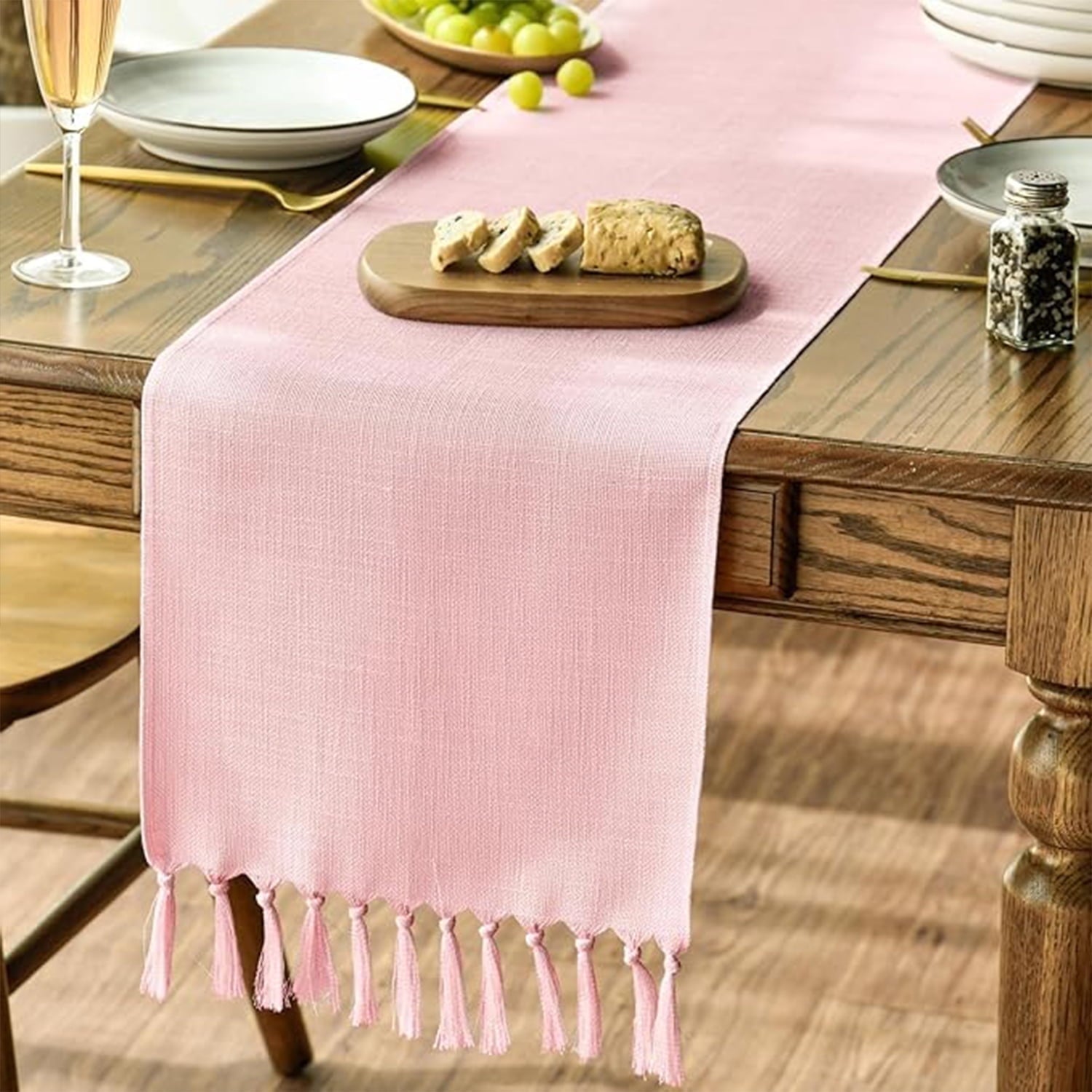 Sm:)e Pink Tassel Table Runner, 13x48 Inch, Boho Linen Blend Rustic Farmhouse Style, Holiday Wedding Party Kitchen Table Decor