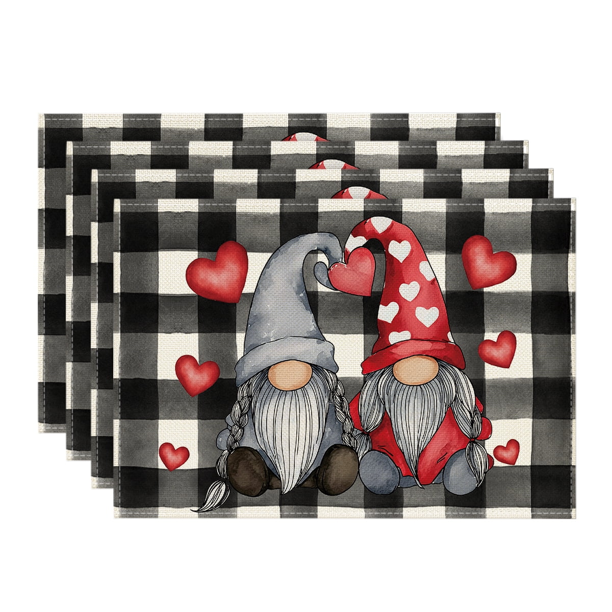 Sm:)e Buffalo Plaid Gnomes Love Heart Valentine's Day Placemats Set of 4, 12x18 Inch