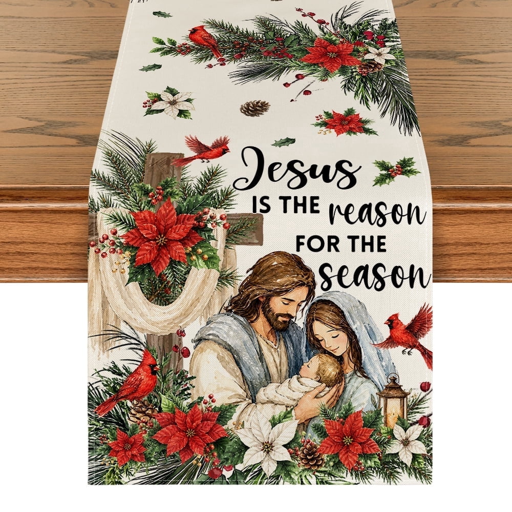 Sm:)e Jesus Nativity, Poinsettia Cross Christmas Table Runner , 13 x 72 Inch Beige Farmhouse Table Decor, Universal for Indoor Outdoor Kitchen, Home & Party Decoration