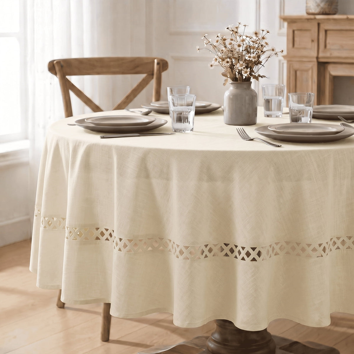 Sm:)e Fabric Openwork Farmhouse Style Linen Tablecloth, Round 60 Inch, Machine Washable Classic Table Cover for Dinner/Party Decoration/Holiday, Beige