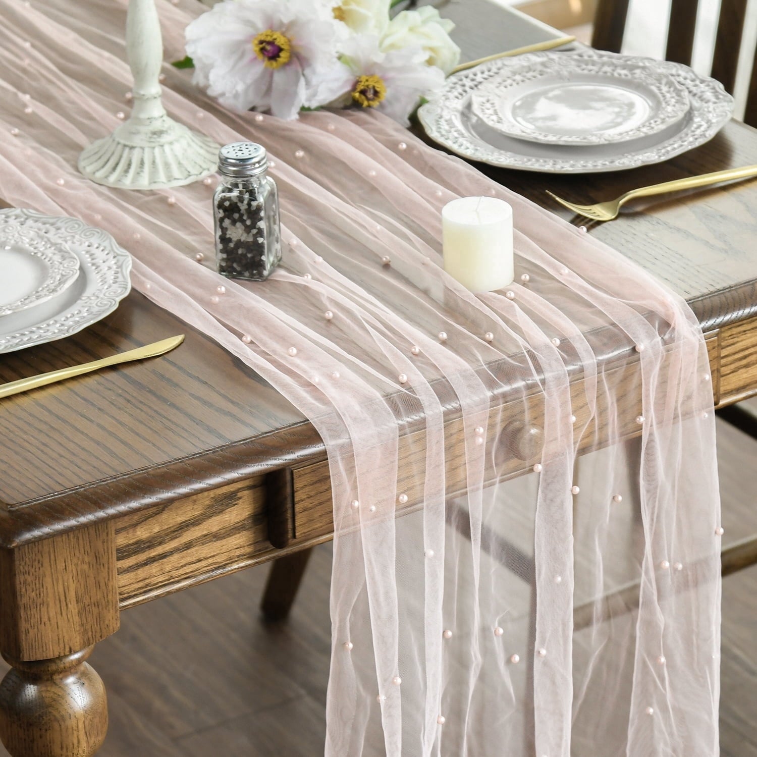 Sm:)e Pearl Pink Gauze Table Runner 120 Inch 10FT, Table Decor for Wedding Anniversary Birthday Outdoor Home Party Table