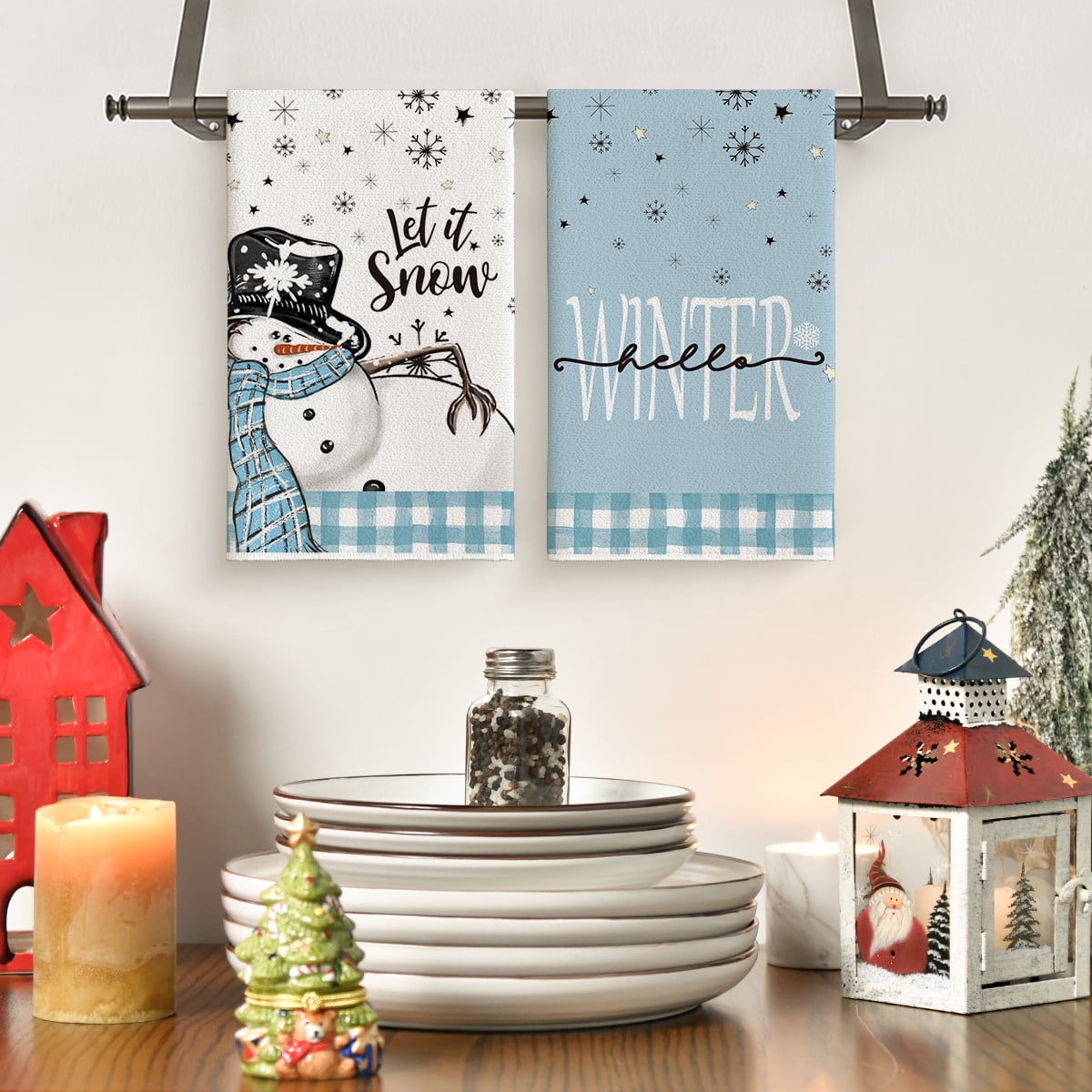 Sm:)e Blue Buffalo Plaid Snowman Winter Kitchen Towels Dish Towels, 18x26 Inch Let It Snow Daily Christmas Decoration Hand Towels Set of 2