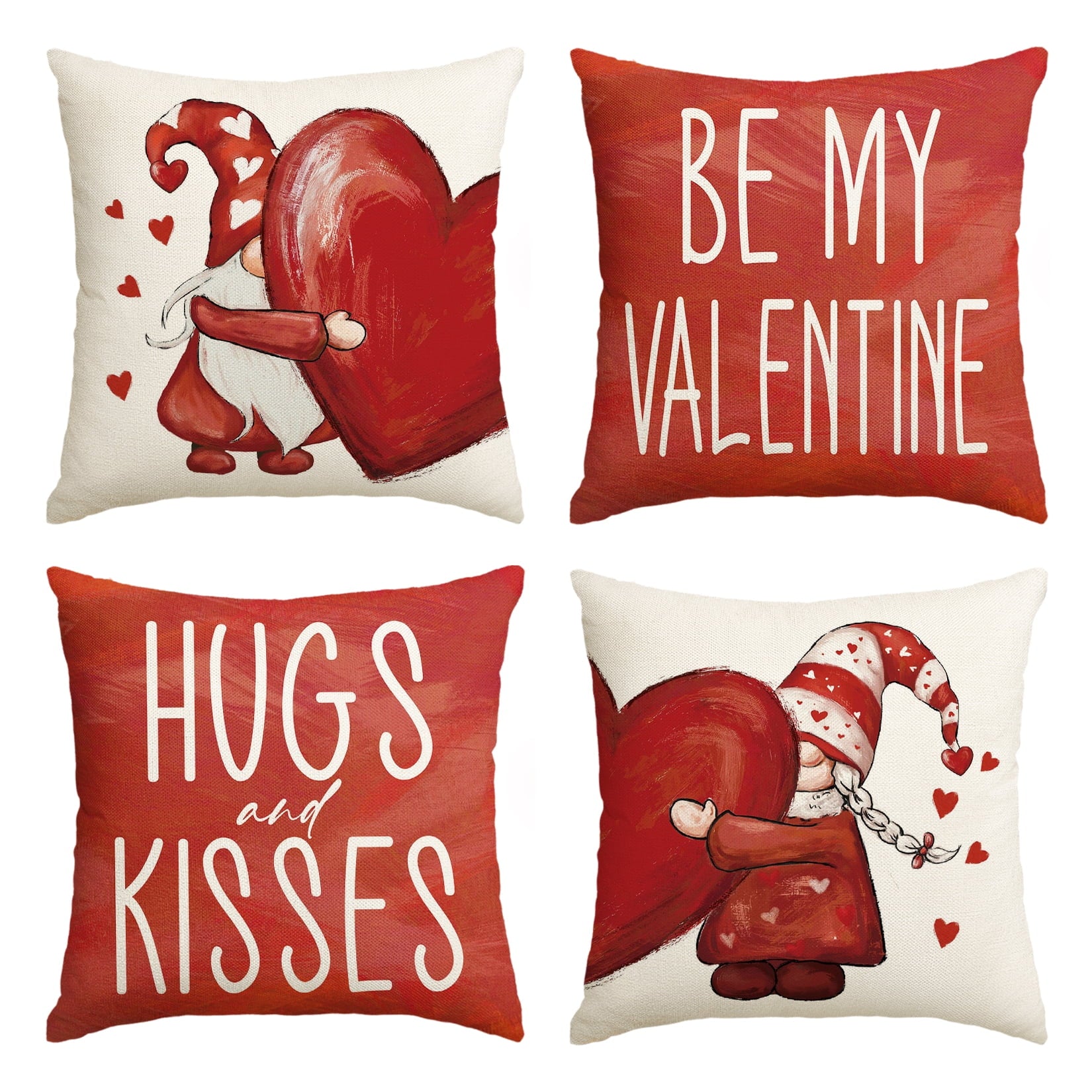 Sm:)e Be My Valentine Hugs and Kisses Gnome Throw Pillow Covers Set of 4, 18 x 18 Inch Red Cushion Case Decoration for Sofa Couch