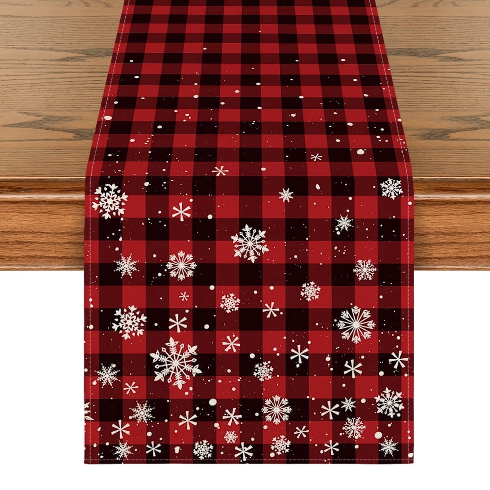 Sm:)e Red Plaid Snowflake Winter Pattern Christmas Table Runner 13 x 72 Inch Farmhouse Table Decor, Universal for Indoor Outdoor Kitchen, Home & Party Decoration