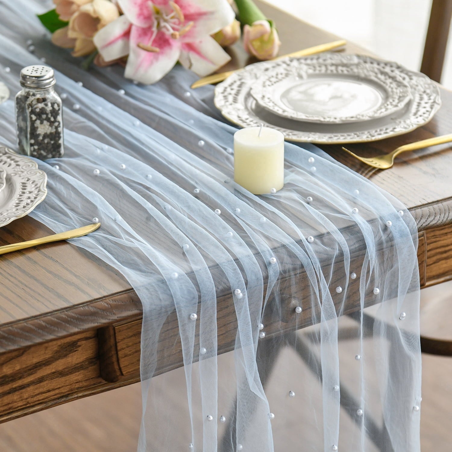 Sm:)e Pearl Blue Gauze Table Runner 120 Inch 10FT, Table Decor for Wedding Anniversary Birthday Outdoor Home Party Table