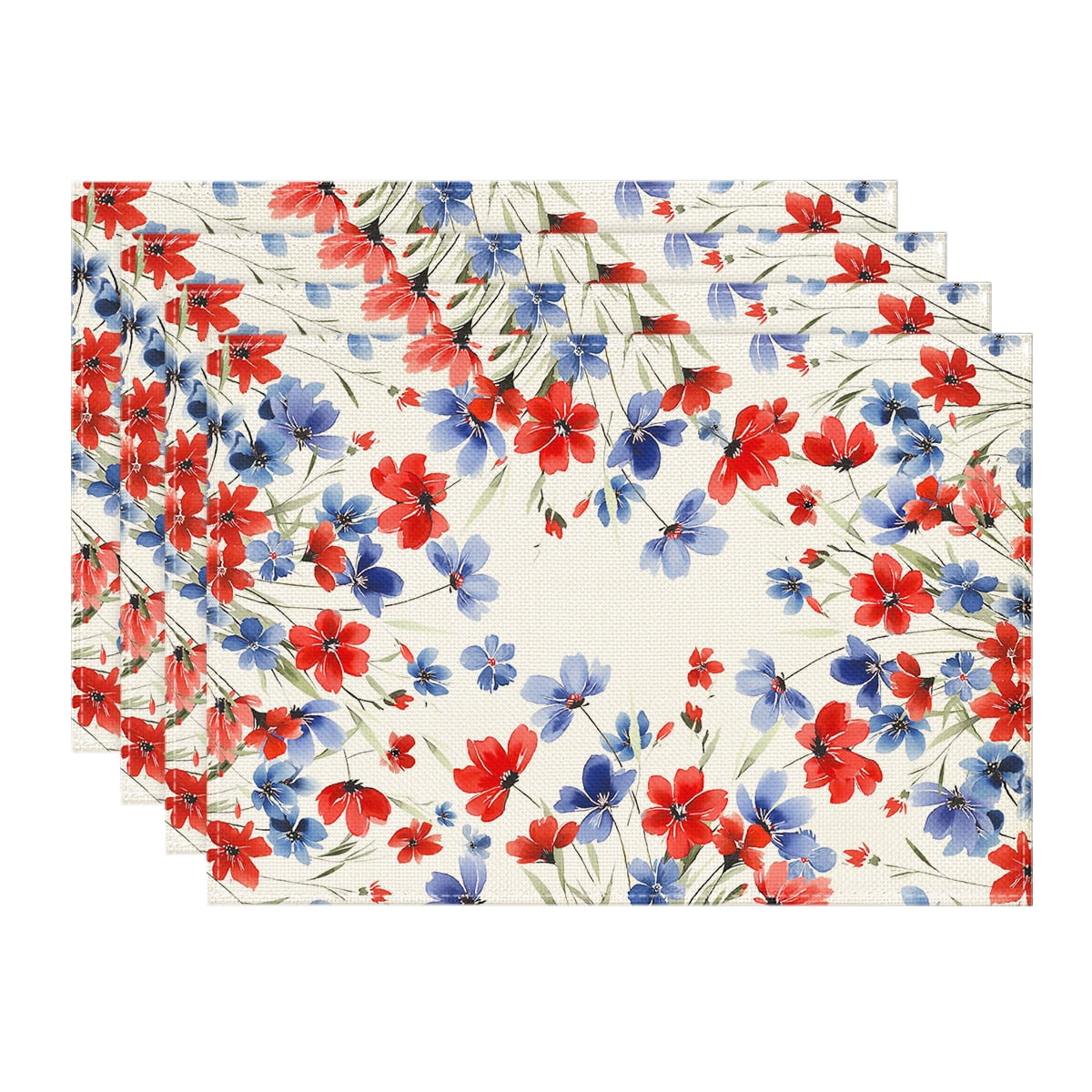 Sm:)e Watercolor Floral Poppy Eucalyptus 4th of July Placemats Set of 4,Seasonal Summer Washable Kitchen Dining,12 x 18 Inch