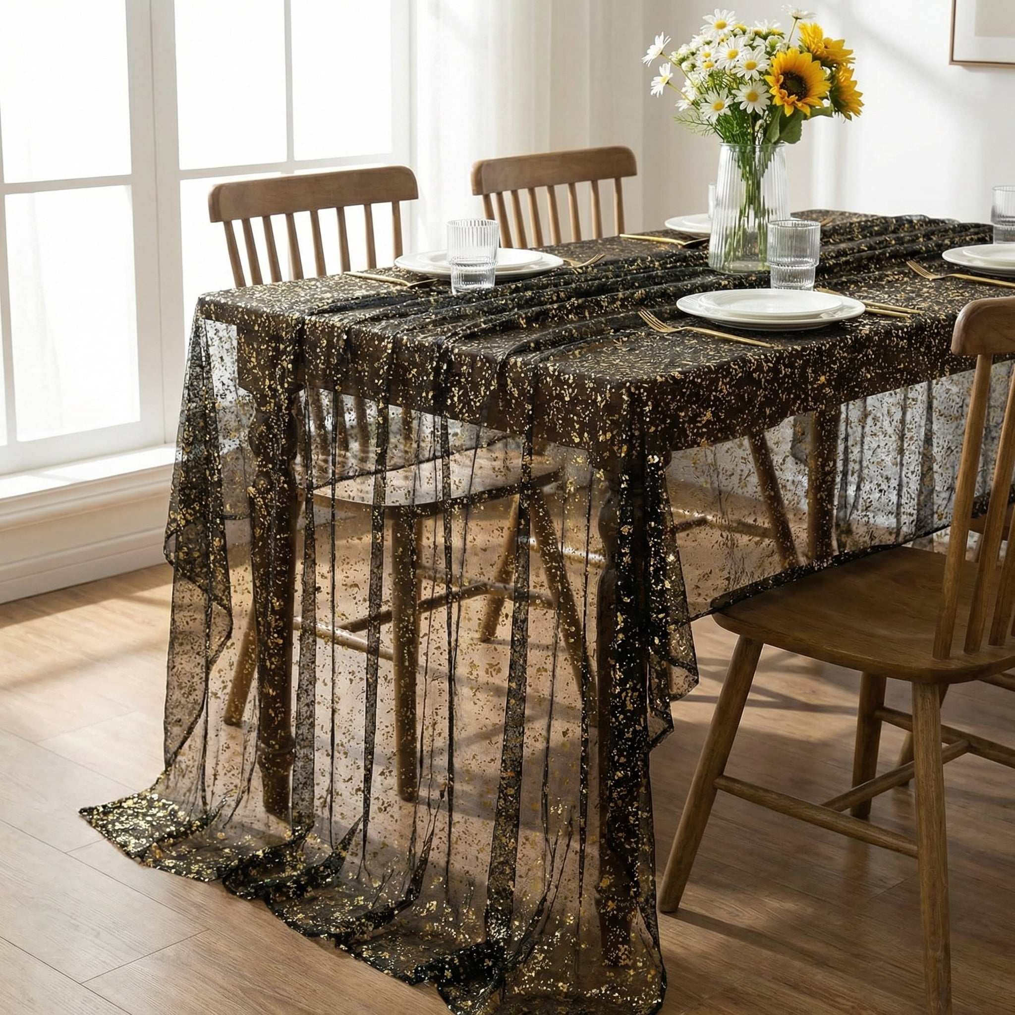 Sm:)e Silk Gold Foil Gauze Tablecloth Black 52x70 Inch - Glitter Metallic Sheer Table Cover for Dining, Wedding, Party, and Events - Durable & Stylish Home Decor