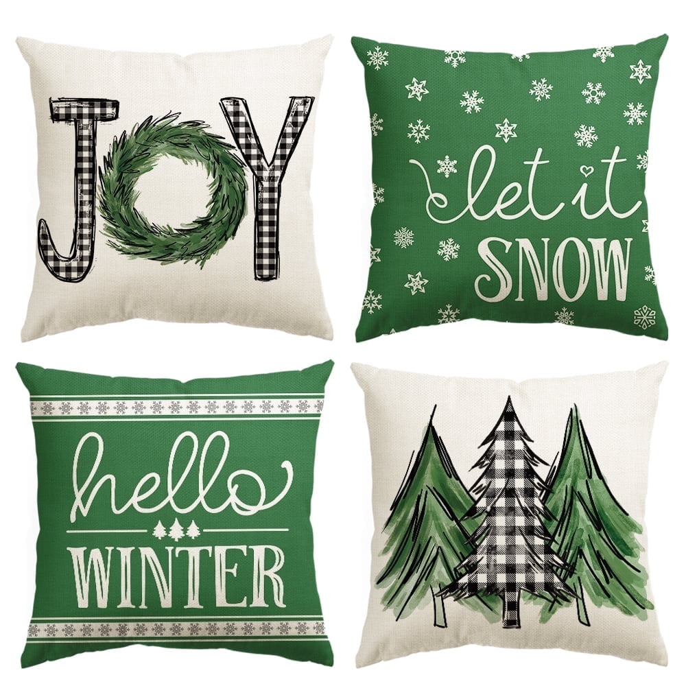 Sm:)e Merry Christmas Trees Mottos Green Throw Pillow Covers, 18 x 18 Inch Hello Winter Let it Snow Holiday Cushion Case Decoration for Sofa Couch Set of 4