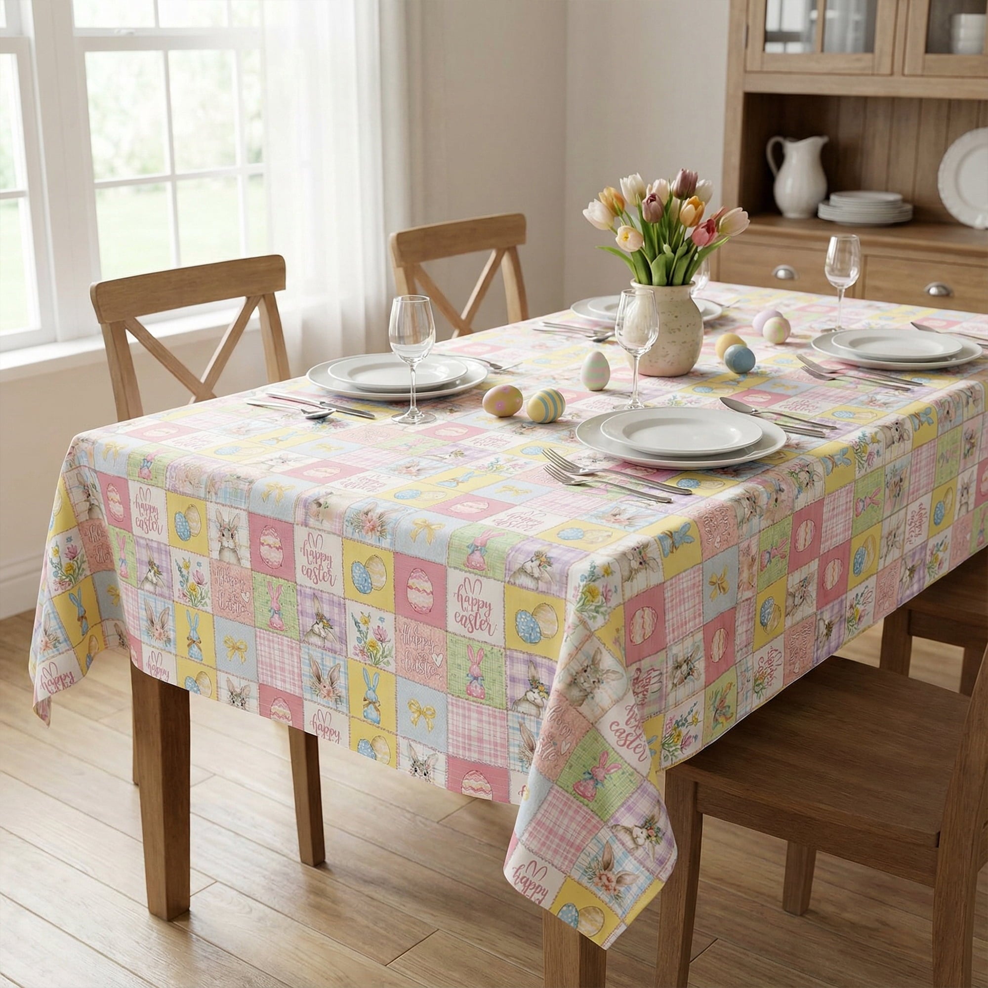 Sm:)e Puzzle Checkered Eggs Flowers Bunny Easter Tablecloth - 60x84 Inch Polyester, Machine Washable & Reusable Table Cover for Indoor & Outdoor Use