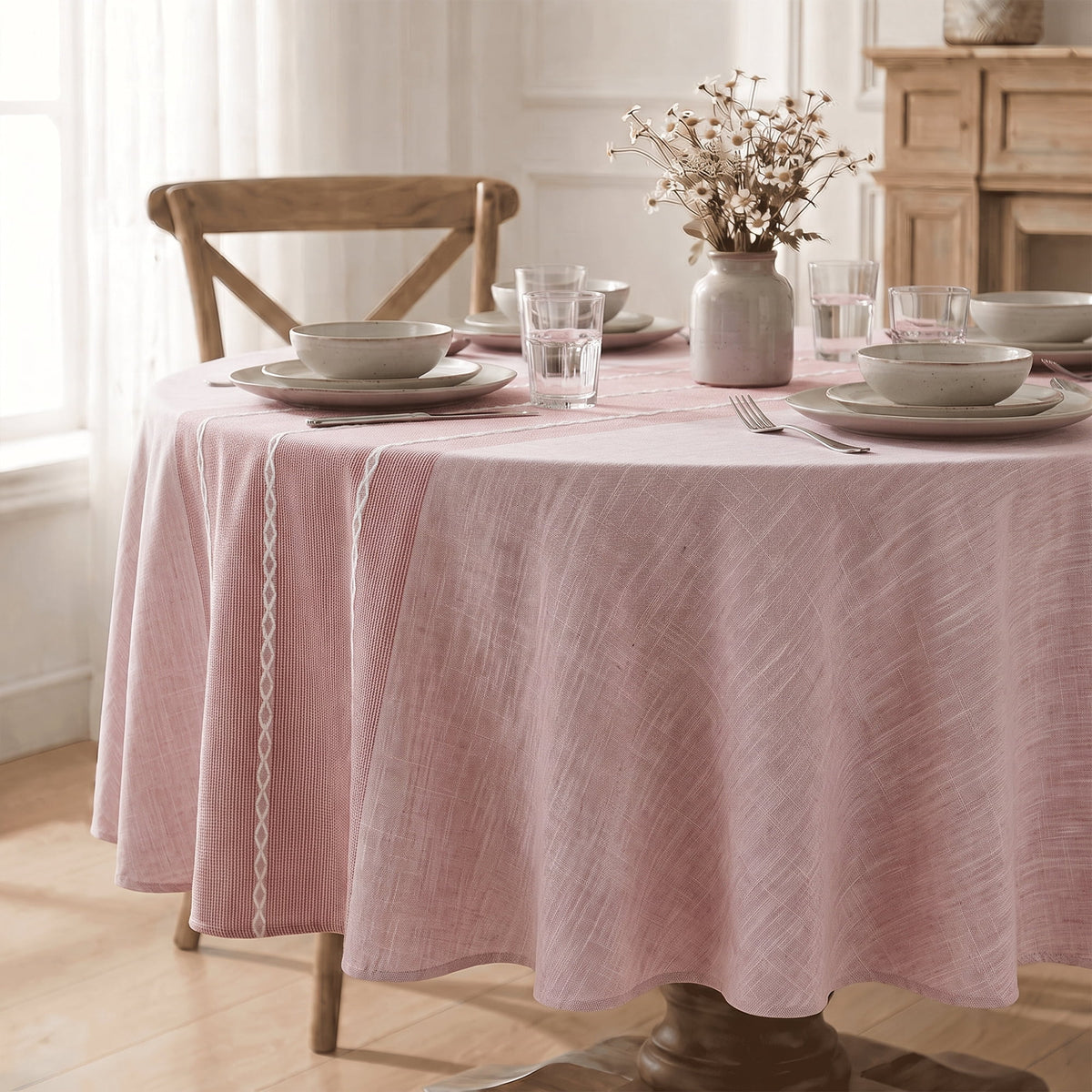 Sm:)e Chenille Fabric Yarn-Dyed Tablecloth 60 Inch Round, Light Red, Wrinkle Free