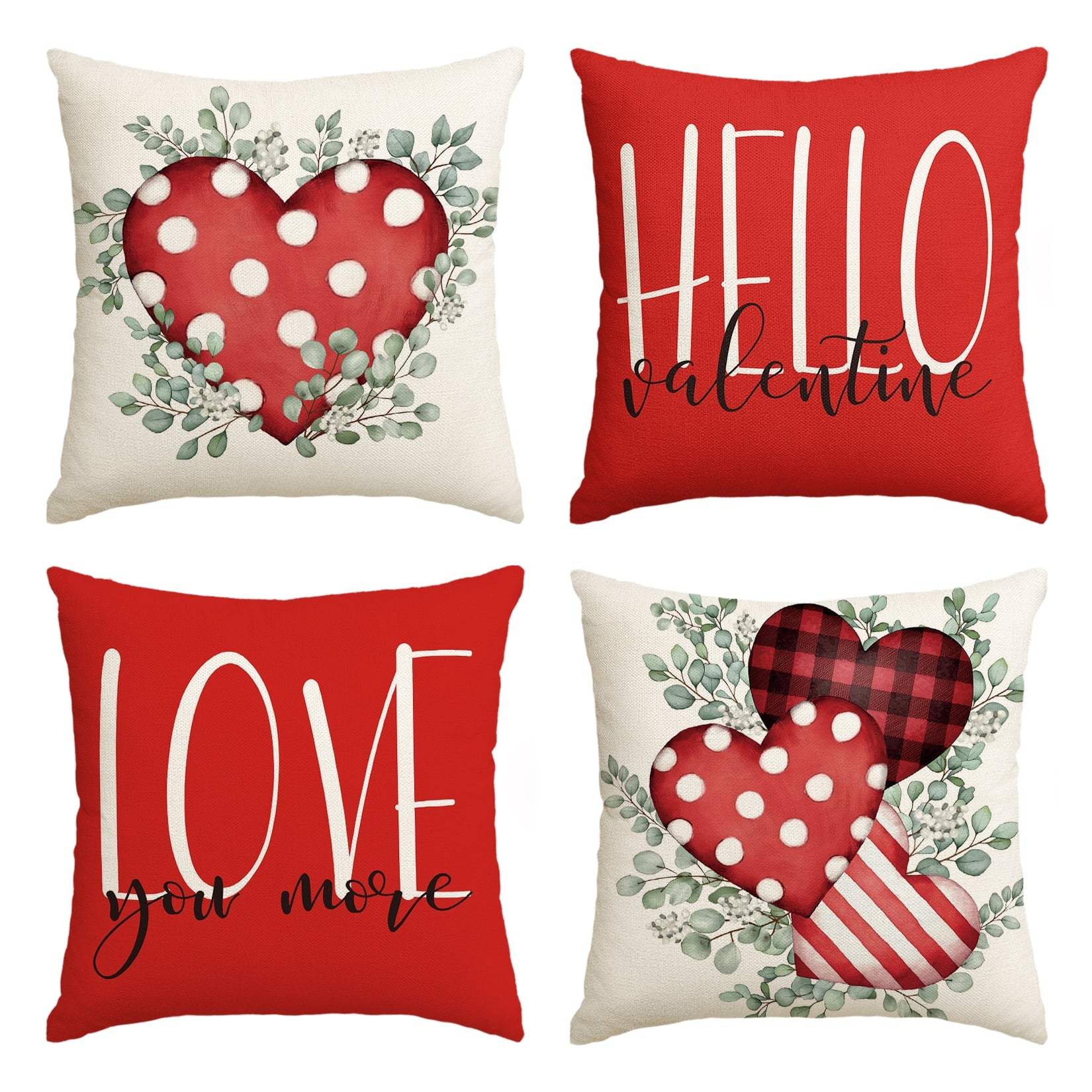Sm:)e Love You More Eucalyptus Leaves Valentine Throw Pillow Covers Red Set of 4, 18 x 18 Inch Buffalo Plaid Polka Dot Stripes Love Hearts Cushion Case Decoration for Sofa Couch