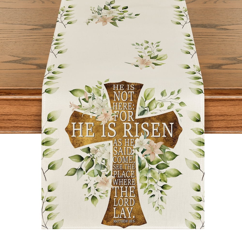 Sm:)e Elegant Cross He is Risen Spring Easter Table Runner 13 x 108 Inch