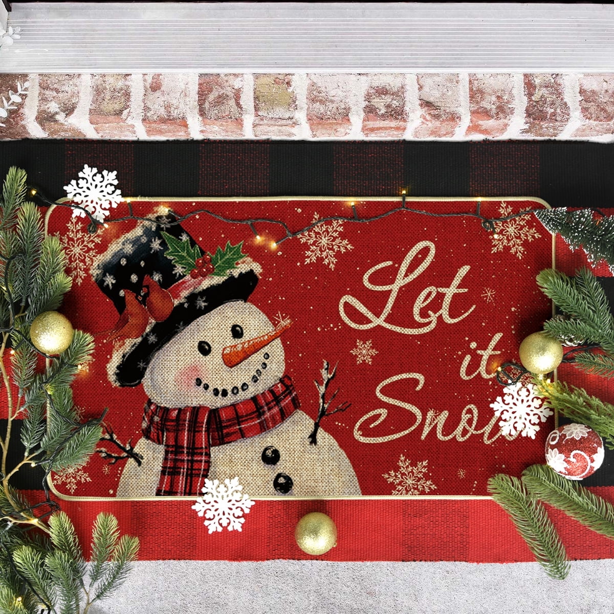 Sm:)e Snowman Let it Snow Christmas Doormat, Snowflakes Winter Decor Low-Profile Floor Rug Switch Mat for Home Indoor Outdoor 17x29 Inch