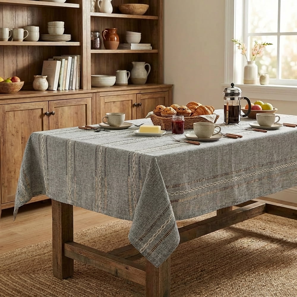 Sm:)e Fabric Openwork Farmhouse Style Linen Tablecloth, Yarn-Dyed Woven Table Cover for Dining Decor, Round 60 Inch, Dark Gray