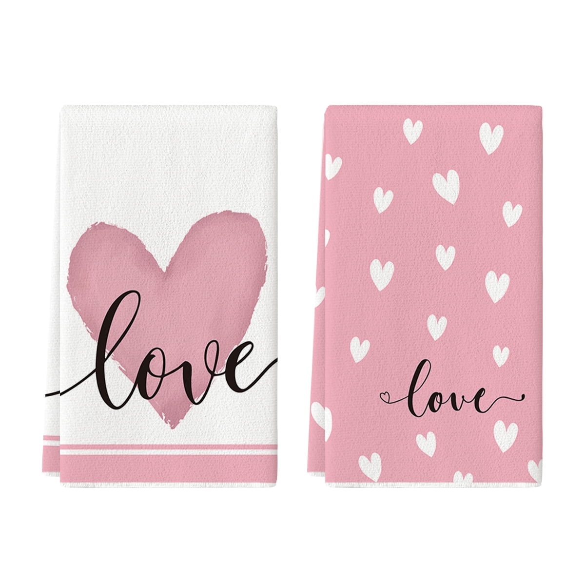 Sm:)e Valentine's Day Kitchen Dish Towels, 18x26 Inch, Set of 2, Love Pink Hearts
