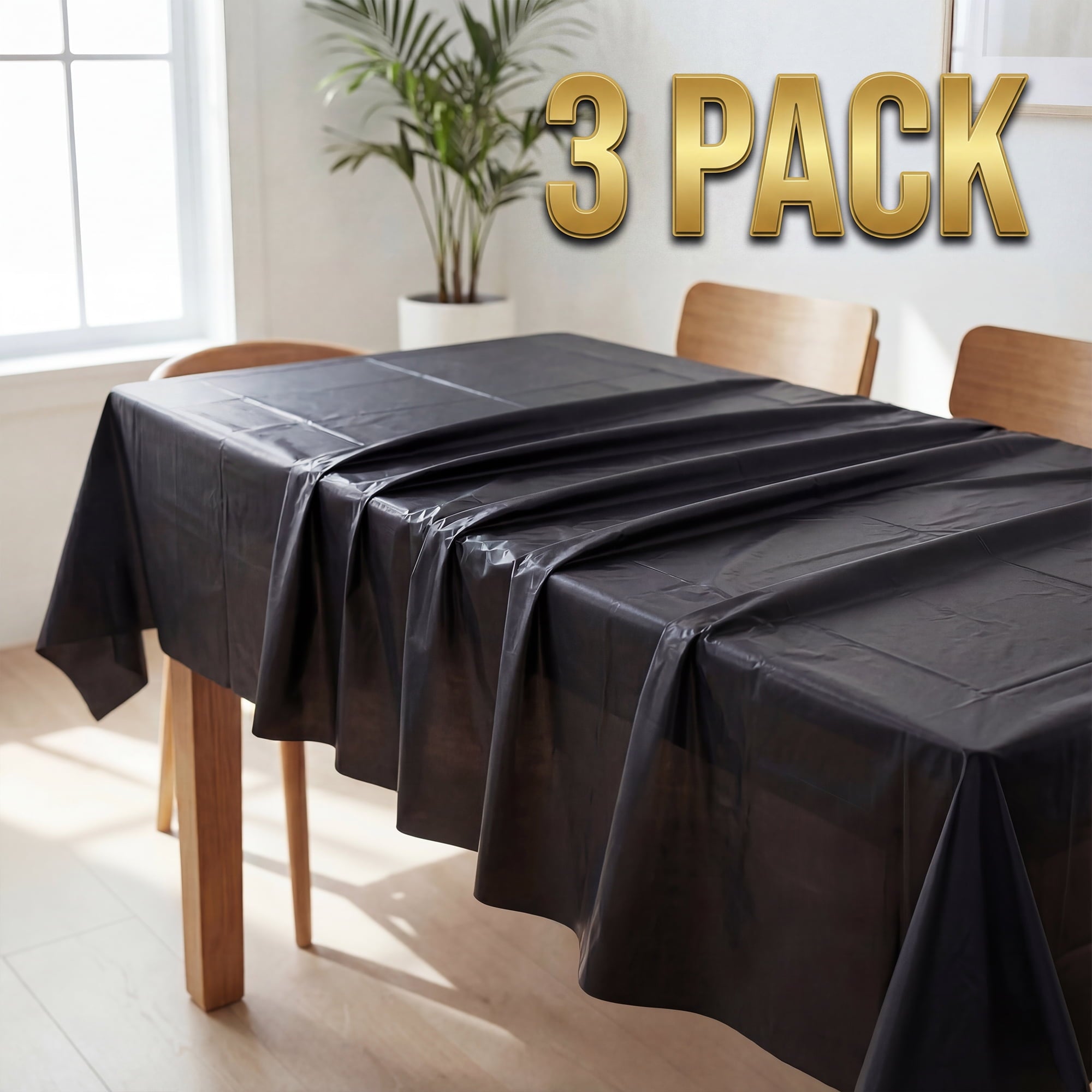 Plastic Table Cloth Disposable 3 Pack, 54 x 108 Inch, Black, for Party Picnic Wedding