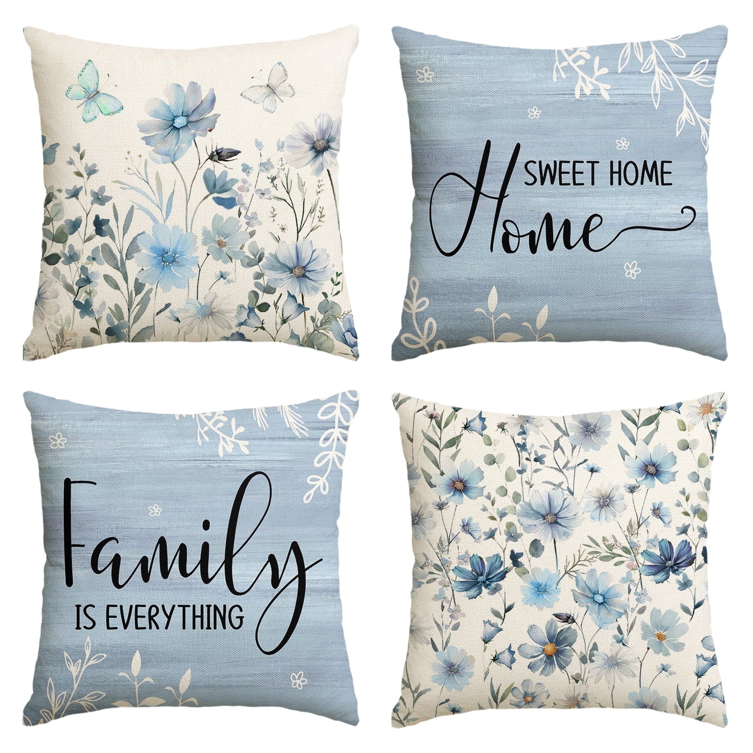Sm:)e Sweet Home Family Floral Birds Spring Pillow Cover Set of 4 18x18 Inch Blue