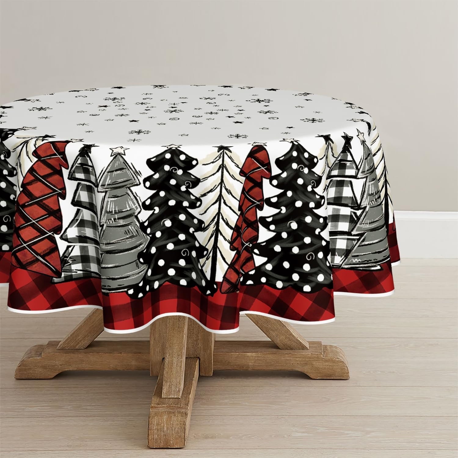 Sm:)e Christmas Trees Red Plaid Table Cloth Round 70 Inch